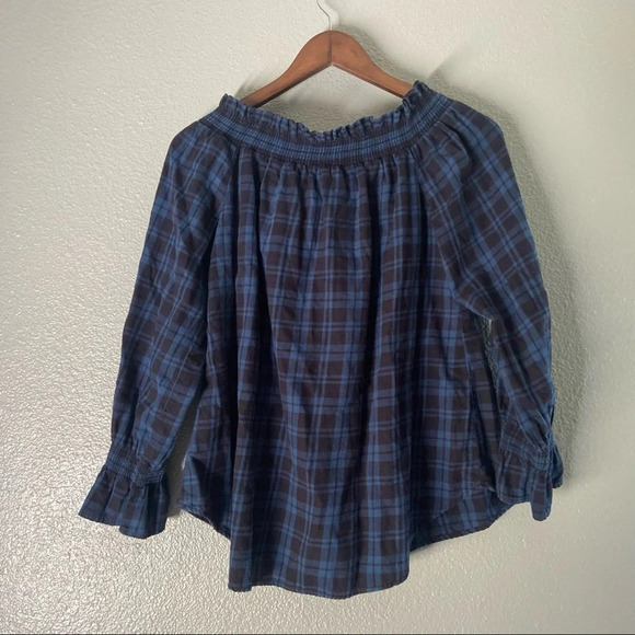 Boho Chic Gingham Top Oversize Plaid Ruffle Flannel Size Small Off The Shoulder - Picture 10 of 10